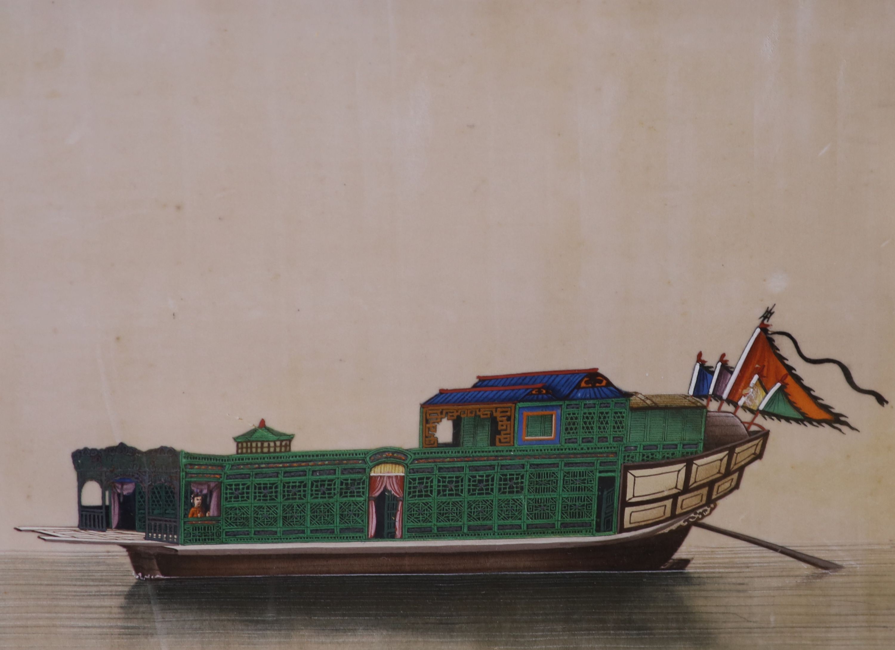 A set of four 19th century Chinese pith paper paintings of junk boats, each 18.5 x 27 cm